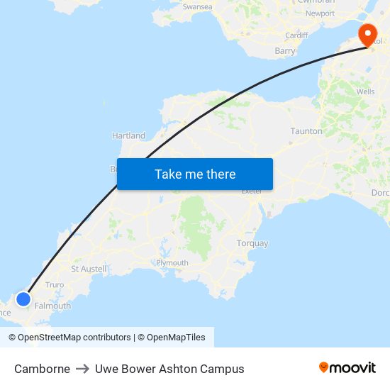 Camborne to Uwe Bower Ashton Campus map