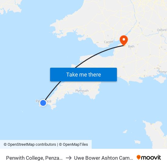 Penwith College, Penzance to Uwe Bower Ashton Campus map