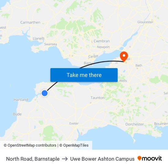 North Road, Barnstaple to Uwe Bower Ashton Campus map