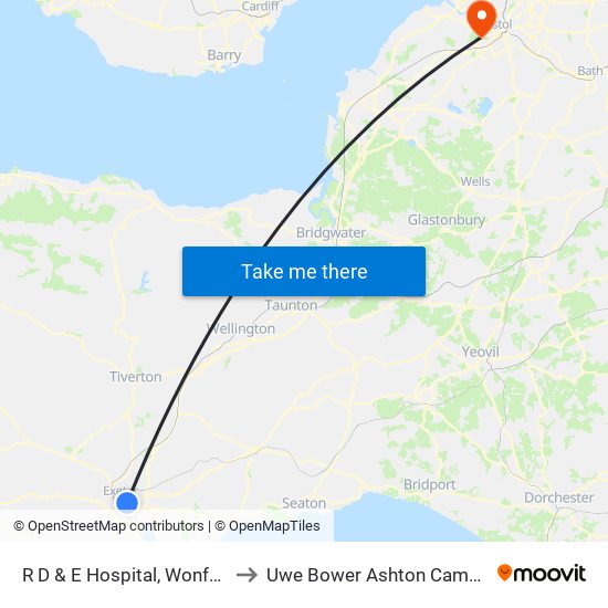 R D & E Hospital, Wonford to Uwe Bower Ashton Campus map