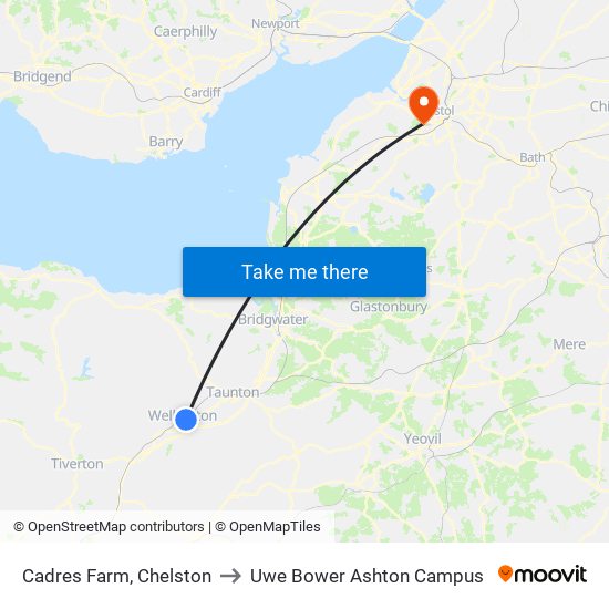 Cades Farm, Chelston to Uwe Bower Ashton Campus map