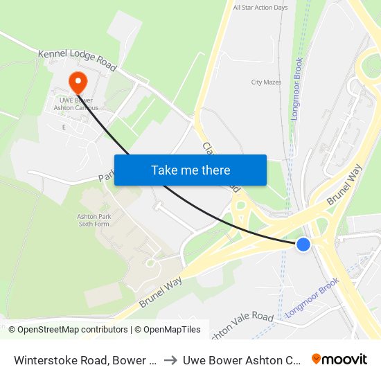 Winterstoke Road, Bower Ashton to Uwe Bower Ashton Campus map
