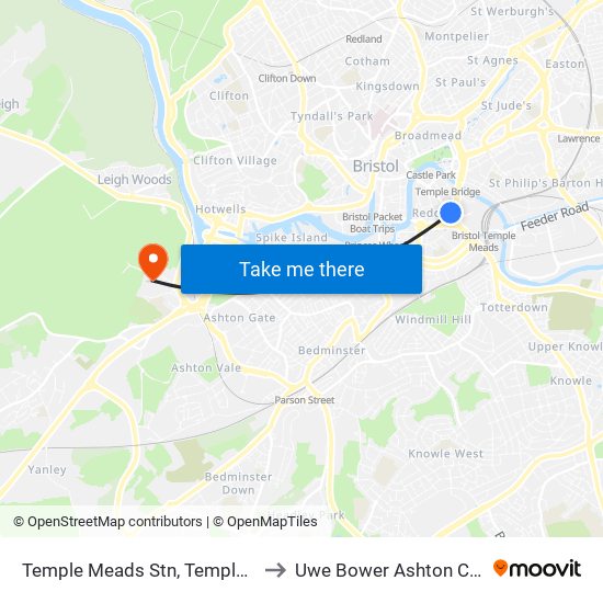 Temple Meads Stn, Temple Meads to Uwe Bower Ashton Campus map