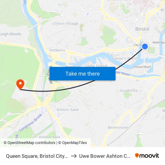 Queen Square, Bristol City Centre to Uwe Bower Ashton Campus map