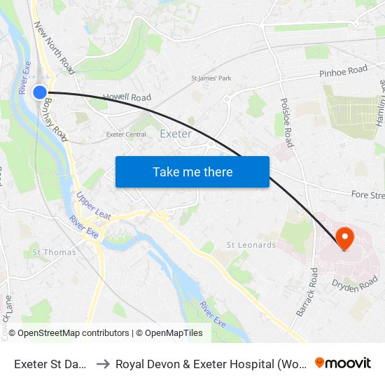 Exeter St Davids to Royal Devon & Exeter Hospital (Wonford) map