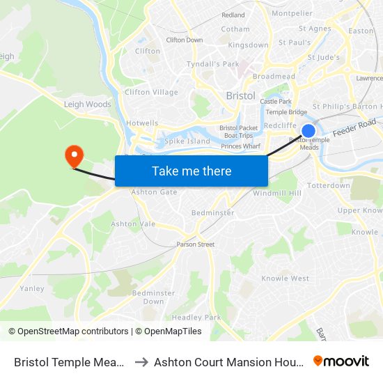Bristol Temple Meads to Ashton Court Mansion House map