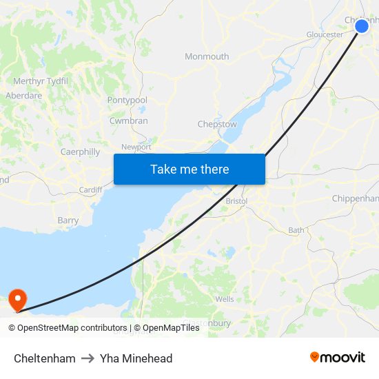 Cheltenham to Yha Minehead map