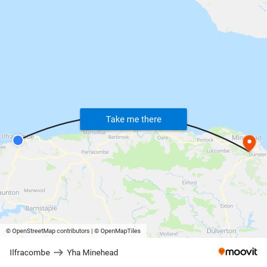 Ilfracombe to Yha Minehead map