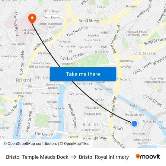 Bristol Temple Meads Dock to Bristol Royal Infirmary map