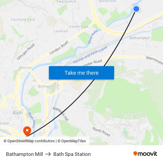 Bathampton Mill to Bath Spa Station map