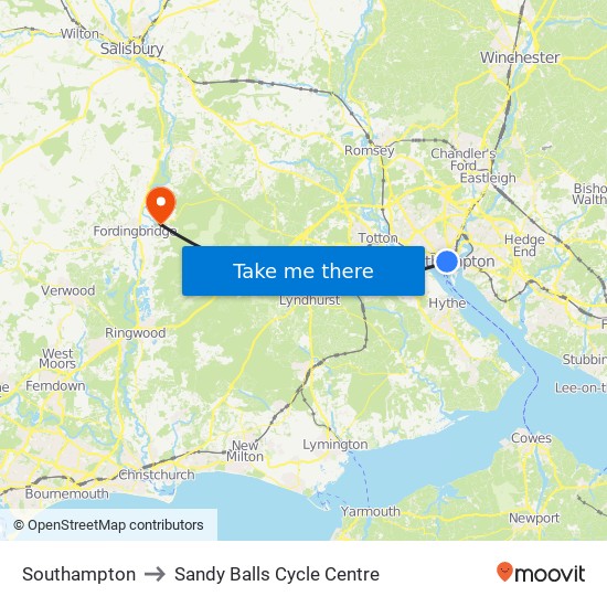 Southampton to Sandy Balls Cycle Centre map