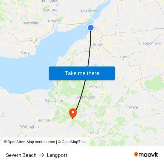 Severn Beach to Langport map