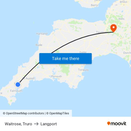 Waitrose, Truro to Langport map