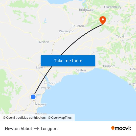 Newton Abbot to Langport map