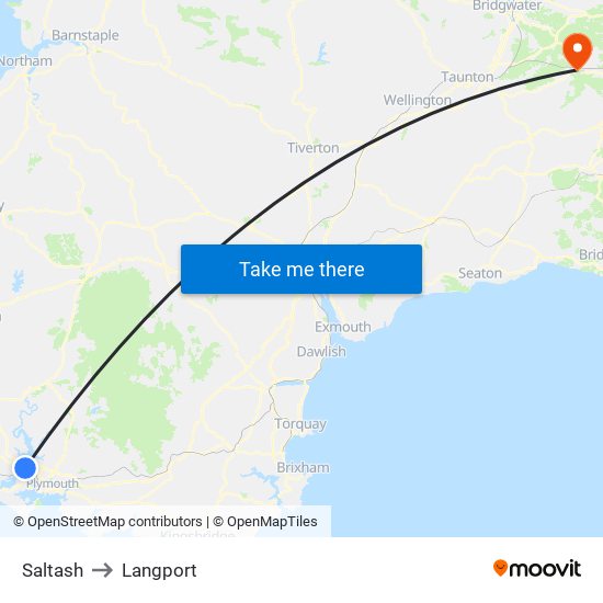 Saltash to Langport map