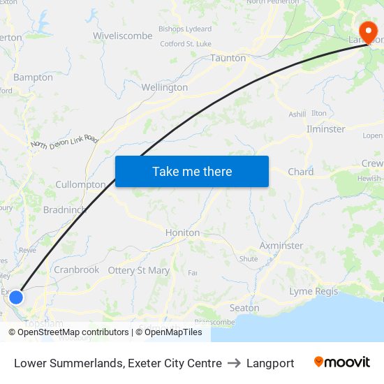 Lower Summerlands, Exeter City Centre to Langport map