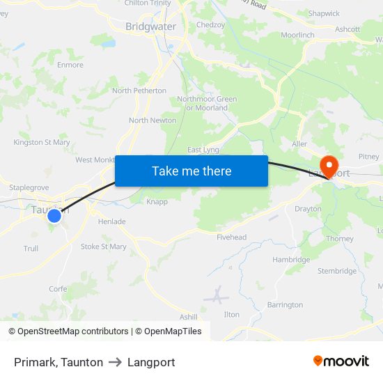 Primark, Taunton to Langport map