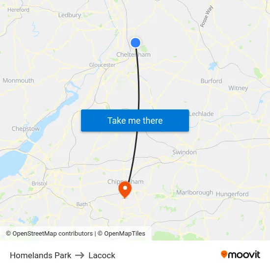Homelands Park to Lacock map