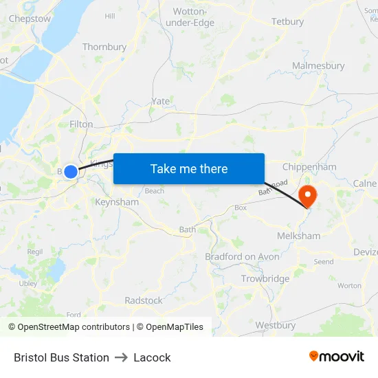 Bristol Bus Station to Lacock map