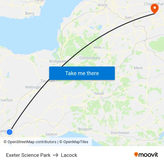 Exeter Science Park to Lacock map