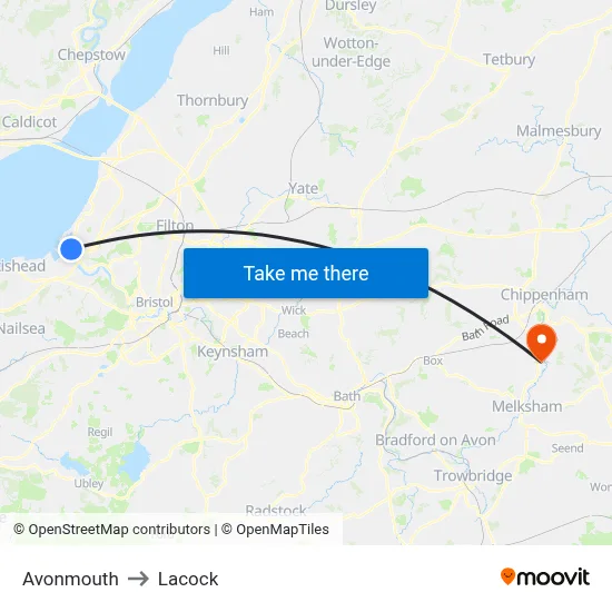 Avonmouth to Lacock map