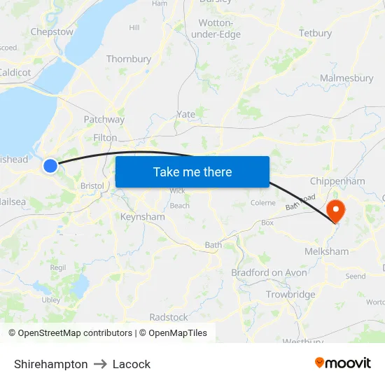 Shirehampton to Lacock map
