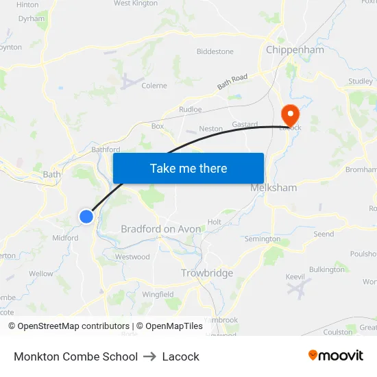 Monkton Combe School to Lacock map