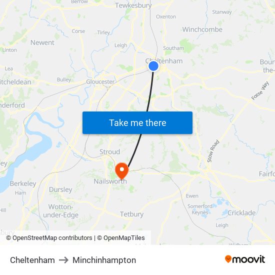 Cheltenham to Minchinhampton map