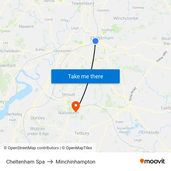 Cheltenham Spa to Minchinhampton map