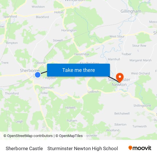 Sherborne Castle to Sturminster Newton High School map