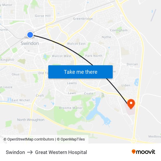 Swindon to Great Western Hospital map