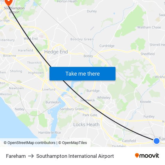 Fareham to Southampton International Airport map