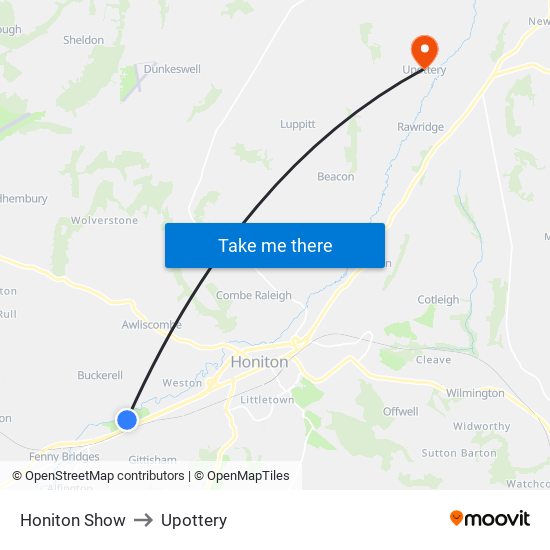 Honiton Show to Upottery map