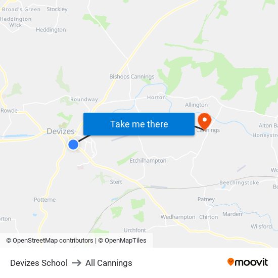 Devizes School to All Cannings map
