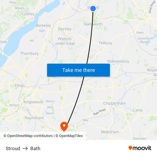 Stroud to Bath map