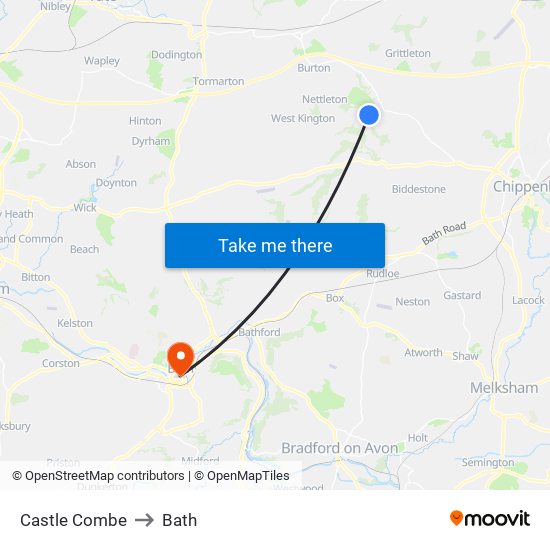 Castle Combe to Bath map