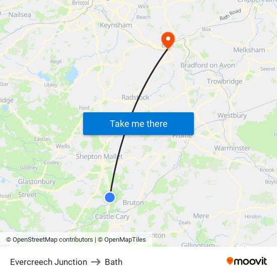 Evercreech Junction to Bath map