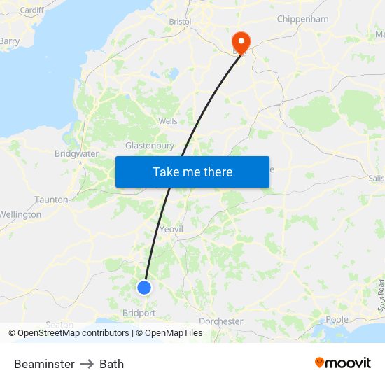 Beaminster to Bath map