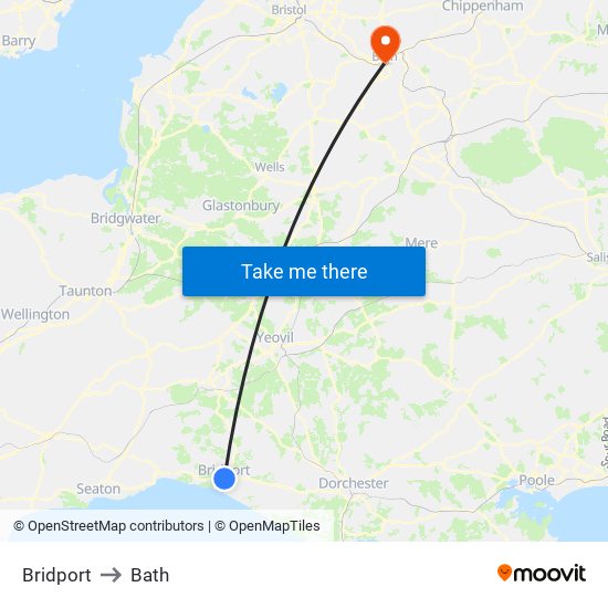 Bridport to Bath map