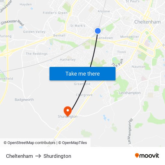 Cheltenham to Shurdington map