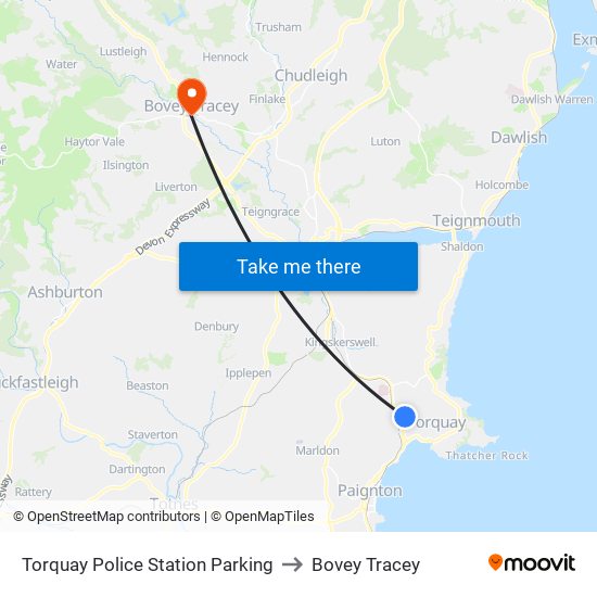 Torquay Police Station Parking to Bovey Tracey map