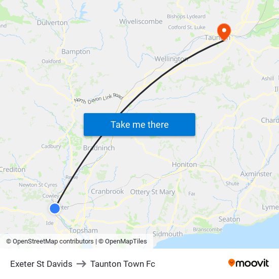 Exeter St Davids to Taunton Town Fc map