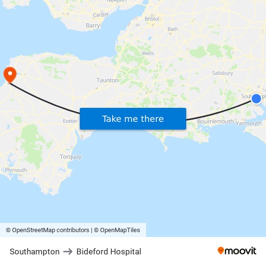 Southampton to Bideford Hospital map