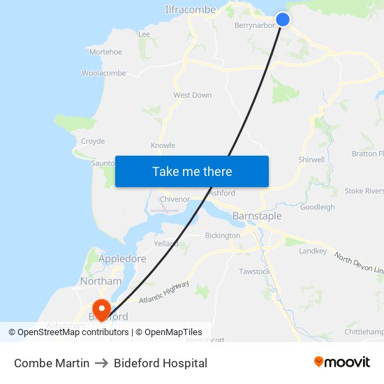 Combe Martin to Bideford Hospital map