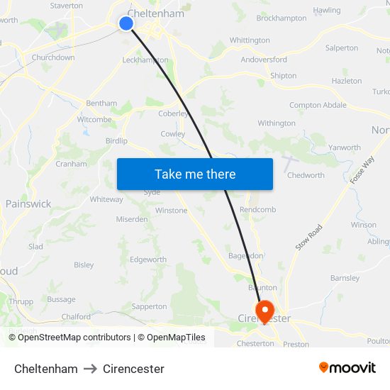 Cheltenham to Cirencester map