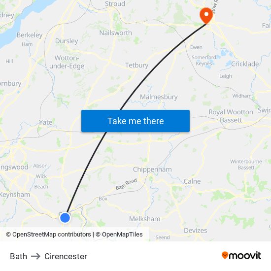 Bath to Cirencester map