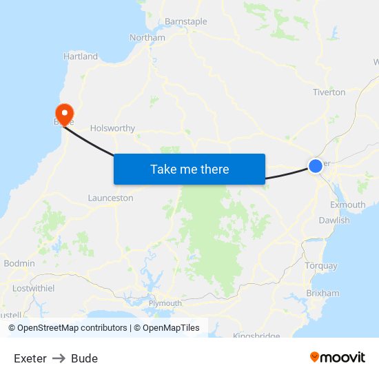 Exeter to Bude map