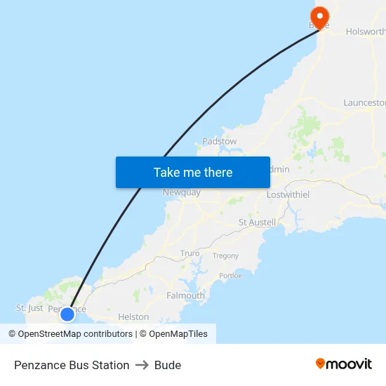 Penzance Bus Station to Bude map