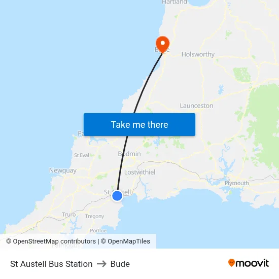 St Austell Bus Station to Bude map