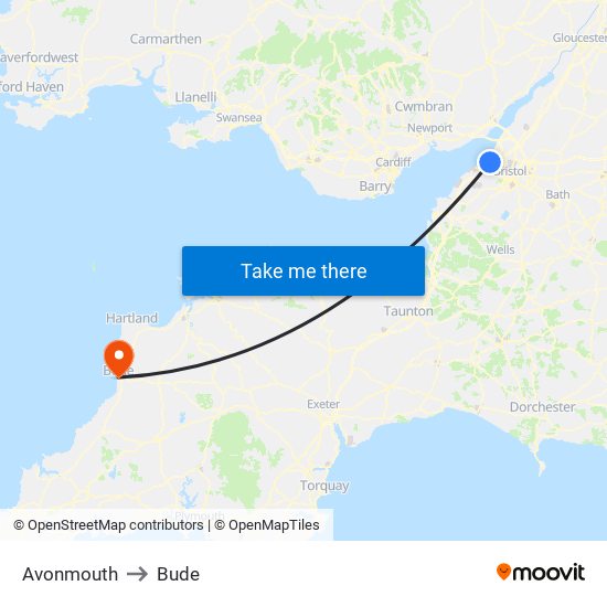 Avonmouth to Bude map